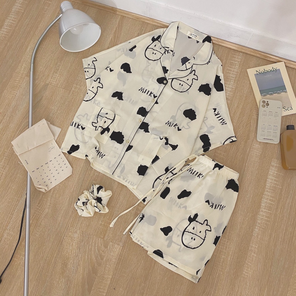 Bộ Ngủ Pijama hoạ tiết nhí , bộ ngủ lụa mango cao cấp( tặng kèm cột tóc cùng màu) | BigBuy360 - bigbuy360.vn