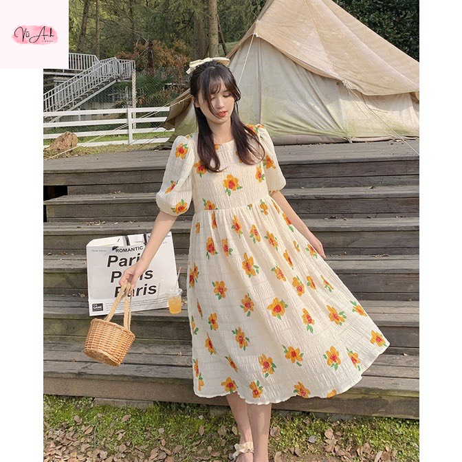 Váy babydoll , đầm bầu hoa vàng váy maxi hoa dáng rộng tay phồng siêu xinh