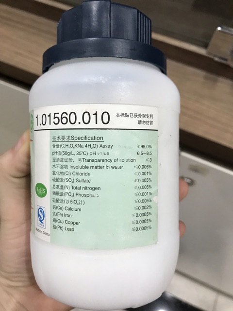 Hoá chất Potassium sodium tartrate CAS 6381-59-5 C4H4O6KNa·4H2O lọ 500g kali natri tartrat