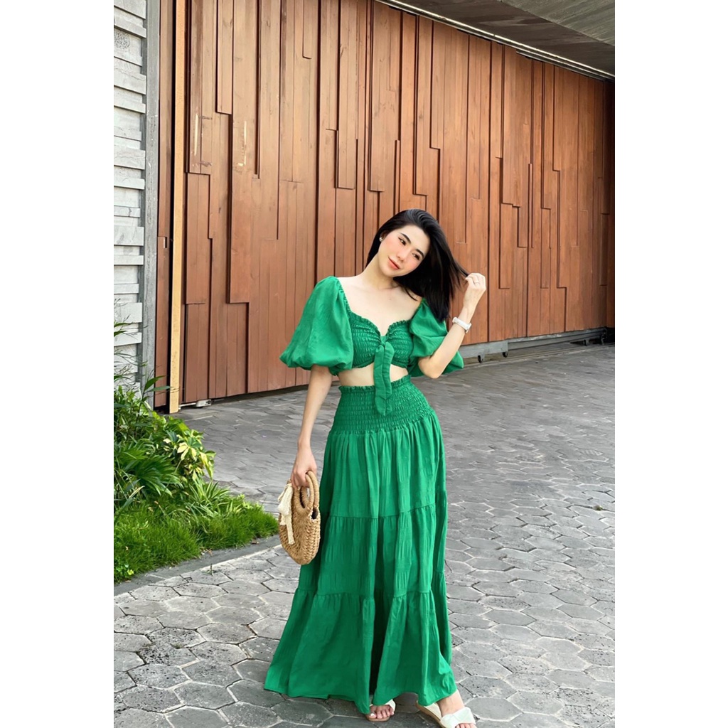 Set maxi đi biển tay phồng mặc 2 kiểu phong cách thời trang XUKA DRESS