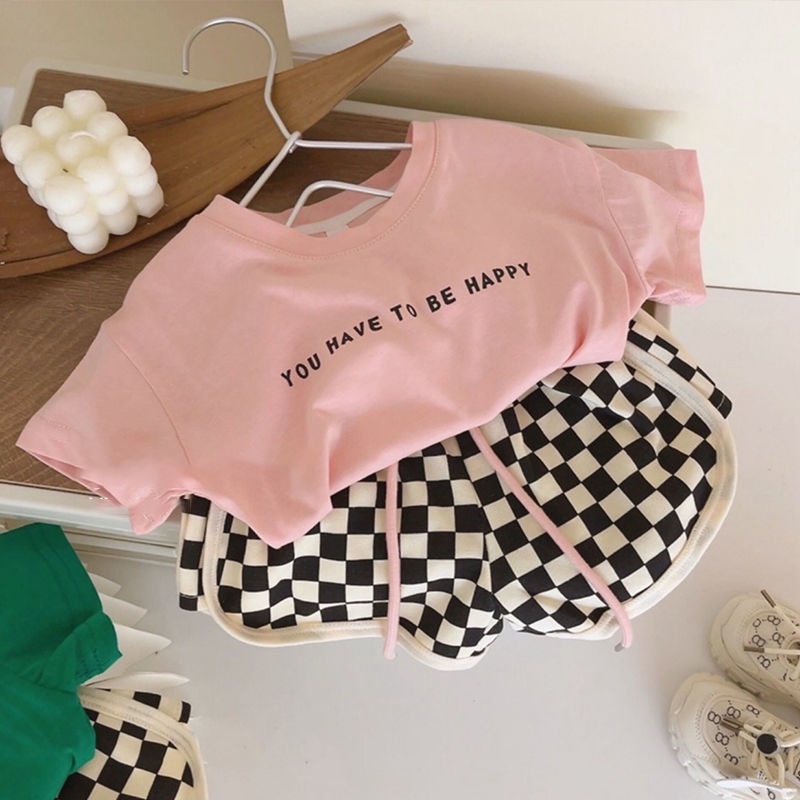 Bộ Đồ Thể Thao Áo Tay Ngắn Phối Quần Short Vải Cotton Dáng Rộng Kẻ Sọc Ca Rô Thời Trang Mùa Hè Cho Bé