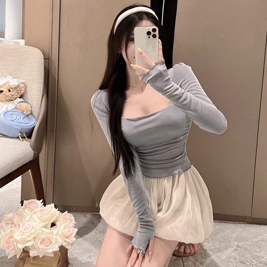 Set Áo Thun Tay Dài Chống Nắng + Quần Short Lưng Thun Ống Rộng Thời Trang Hàn Quốc Cho Nữ