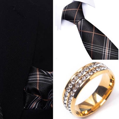 Bộ Cà vạt 4 món gồm Cavat 8cm, khăn cài túi, Măng-set, Nhẫn tròn phụ kiện sang trọng, Cravat chú rể, Calavat công sở