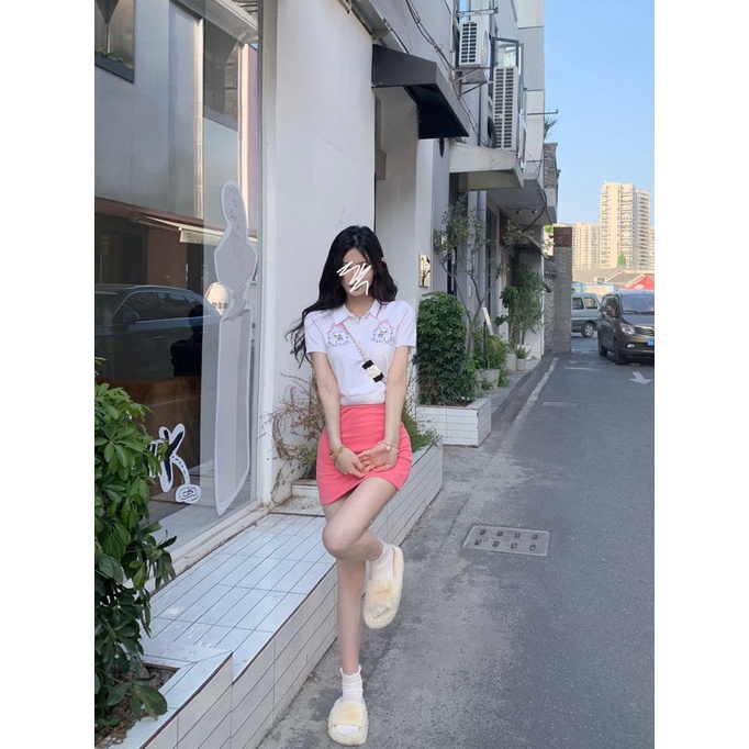 Áo Sweater Dệt Kim Ngắn Tay Cổ Polo Thêu Hình Mèo Đáng Yêu Thời Trang Mùa Hè Cho Nữ