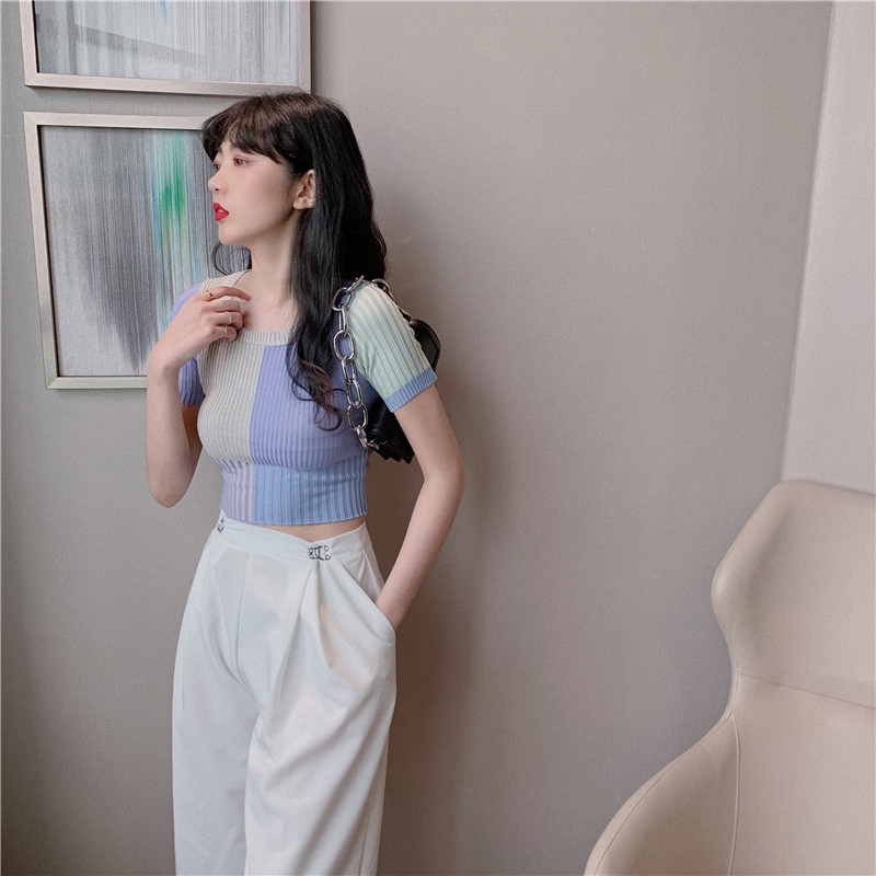 SUXI Summer fashion new striped short-sleeved knitted T-shirt