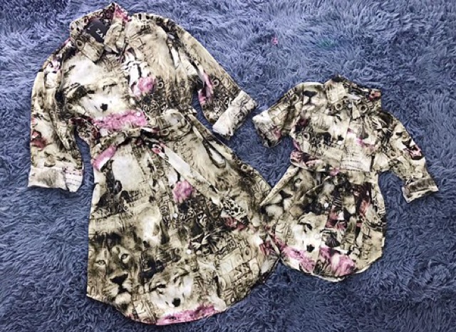 Set mẹ và bé sơ mi lụa 3D