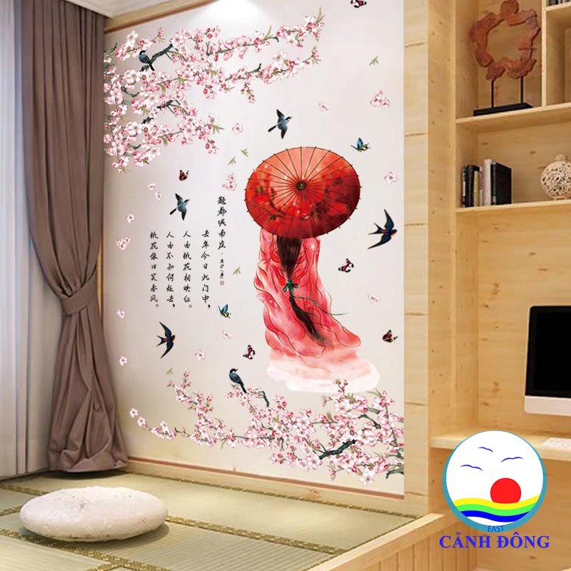 Decal dán tường hoa đào cô gái cổ trang