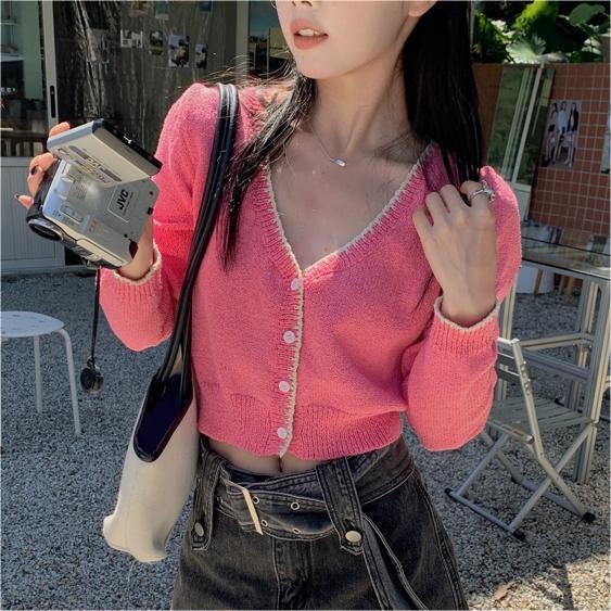 Áo cardigan ZHELIHANGFEI dệt kim tay dài cổ chữ V phong cách thời trang cho nữ