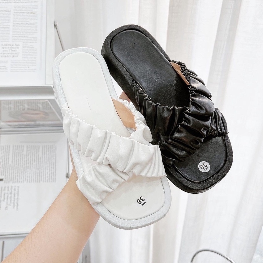 Dép nữ QUAI CHÉO NHÚN BÈO da mềm đế xuồng cao 2p mẫu mới siêu xinh GURI