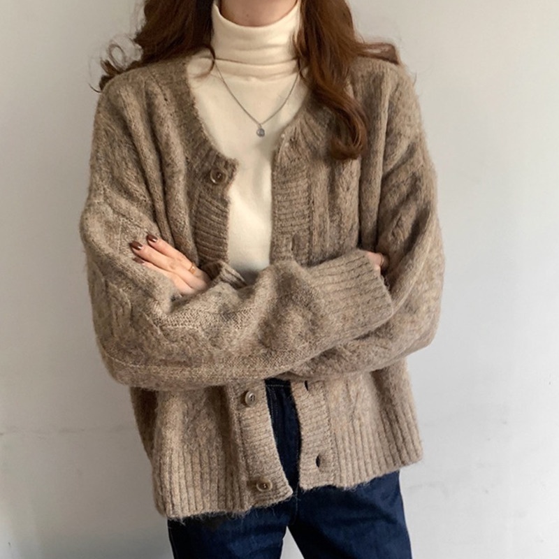 Áo khoác cardigan dệt kim tay dài dáng rộng phong cách retro thời trang cho nữ