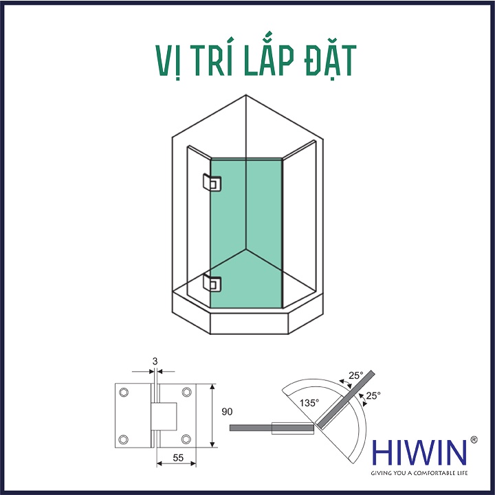 Bản lề phòng tắm kính 135 độ cạnh thẳng chất liệu inox 304 mặt gương HIWIN HG-010