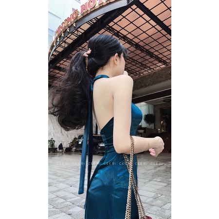 Đầm lụa CEE RI cổ yếm dáng dài có mút ngực