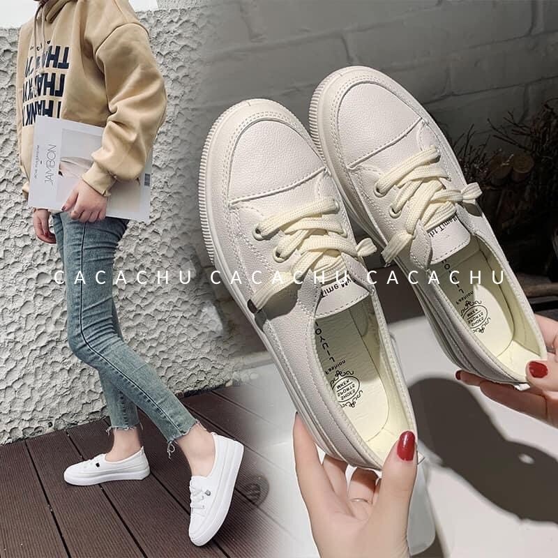 Giày thể thao nữ Slip On buộc dây 2 phân hàng đẹp hot trend 2021 CACACHU G023, giày lười nữ dây rút 2 màu trắng kem