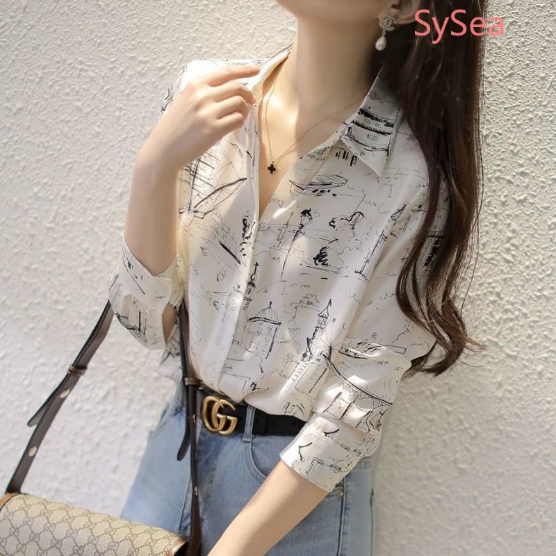 Áo Sơ Mi Voan Tay Dài In Họa Tiết Cá Tính Trẻ Trung Phong Cách Hàn Quốc Cho Bạn Gái