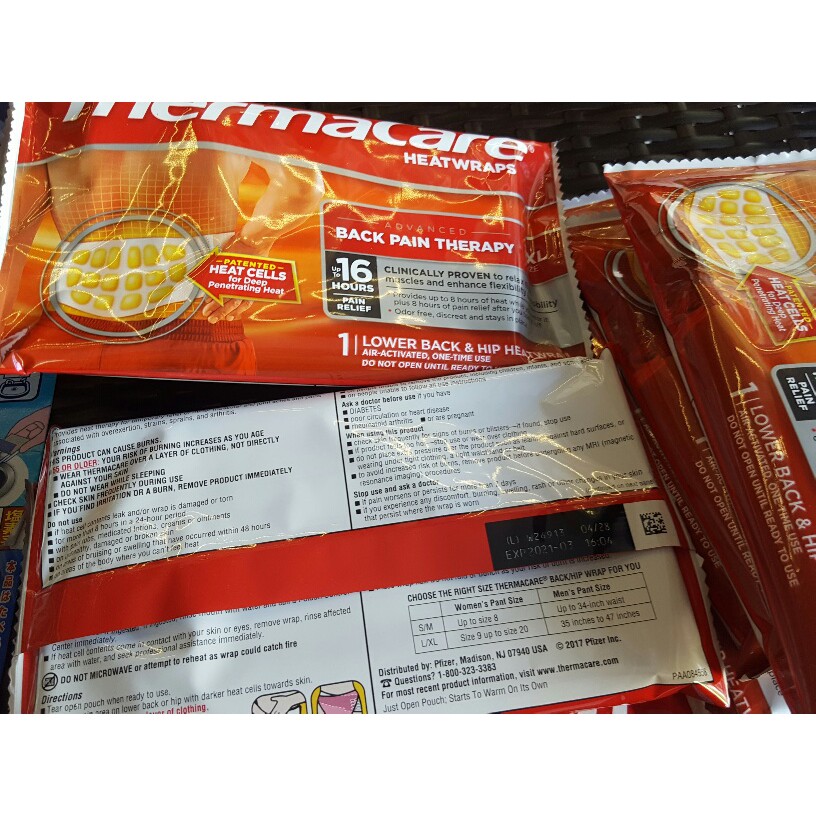 Hsd: 30.4.2025.MIẾNG DÁN NHIỆT GIẢM ĐAU LƯNG THERMACARE LOWER BACK & HIP HEAT WRAPS - SIZE L-XL - hop 2mieng/ miếng lẻ