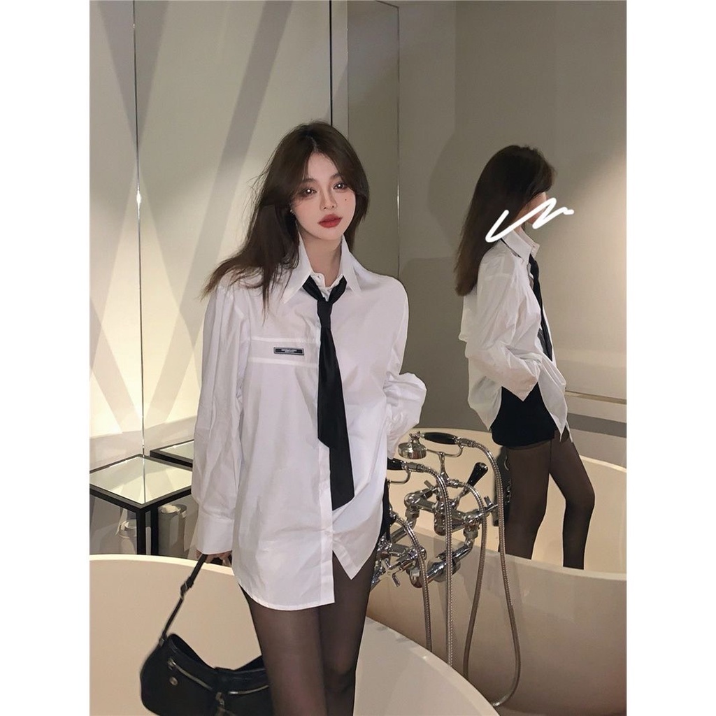 Áo sơ mi nữ form rộng dài tay phối cavat thời trang Unisex chất vải lụa mềm mại