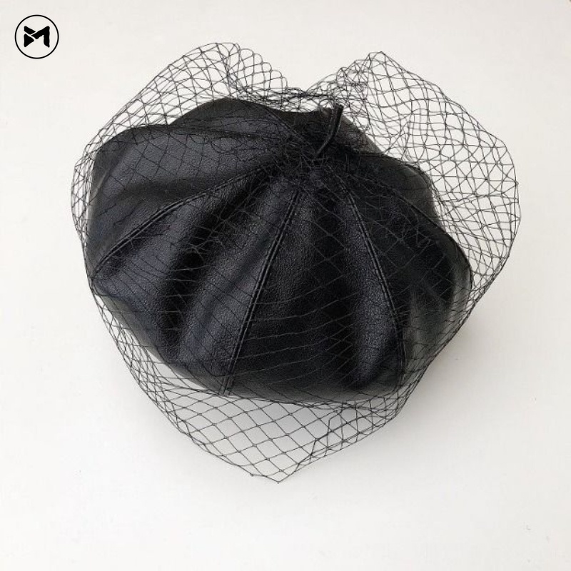 Mũ Beret Da PU Phối Lưới Phong Cách Retro Cho Bạn Gái