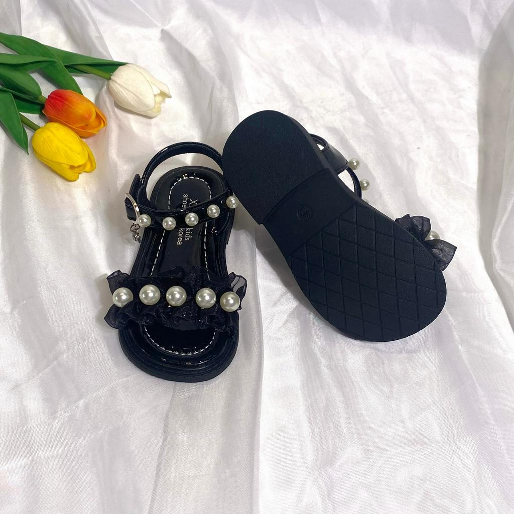 Dép sandal quai ngọc nhún bèo chất liệu da pu cao cấp ngọc đính đinh chắc chắn đế chống trơn trượt cho bé gái từ 1-5y