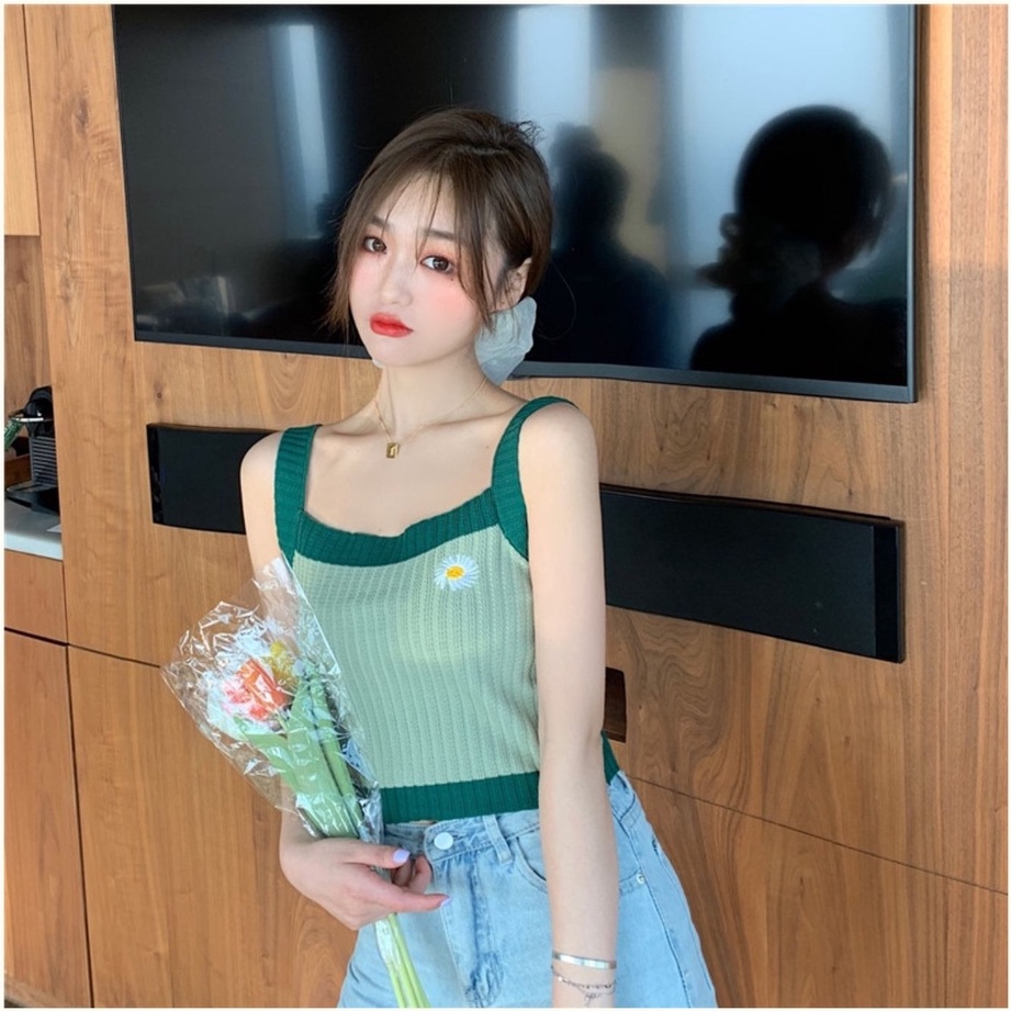 Áo hai dây ZHELIHANGFEI dệt kim tay dài thêu họa tiết phong cách Hàn Quốc thời trang mùa hè dành cho nữ