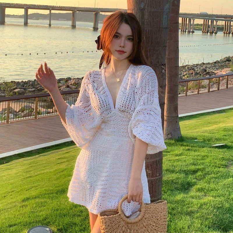 Puruitihih Đầm Dệt Kim Trắng Cổ Chữ v Ôm Dáng Thời Trang Pháp Cao Cấp Cho Nữ