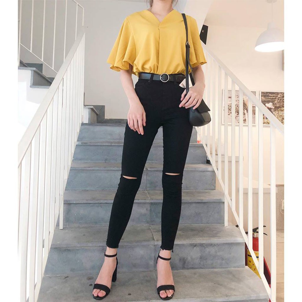 QUẦN JEAN NỮ DÁNG ÔM RÁCH GỐI + TRƠN