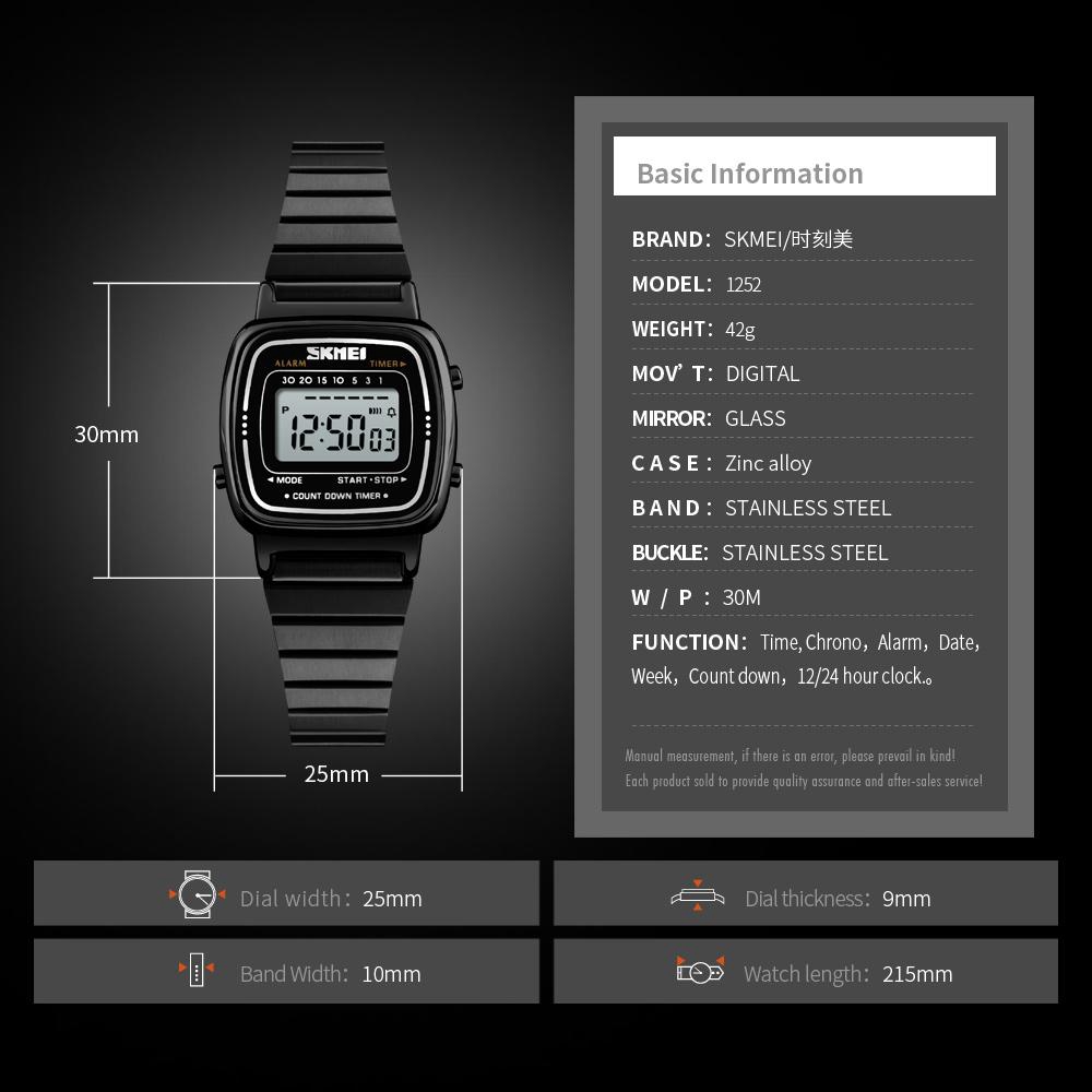 Đồng Hồ Kỹ Thuật Số SKMEI 1252 Màn Hình LED Có Dây Thép Không Gỉ Chống Thấm Nước Cho Nữ | BigBuy360 - bigbuy360.vn