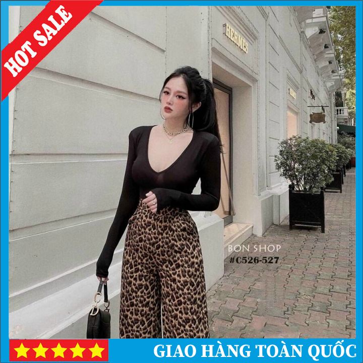 Set Bộ Áo Thun Tay Dài Cổ V Ôm Sát Kết Hợp Quần Thun lụa lưng thun Da Beo Ống Rộng có túi form dưới 60 ký