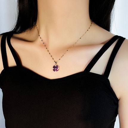 Vòng cổ Thép Titan Mặt Hoa zircon Màu Tím Phong Cách Hàn Quốc Mới