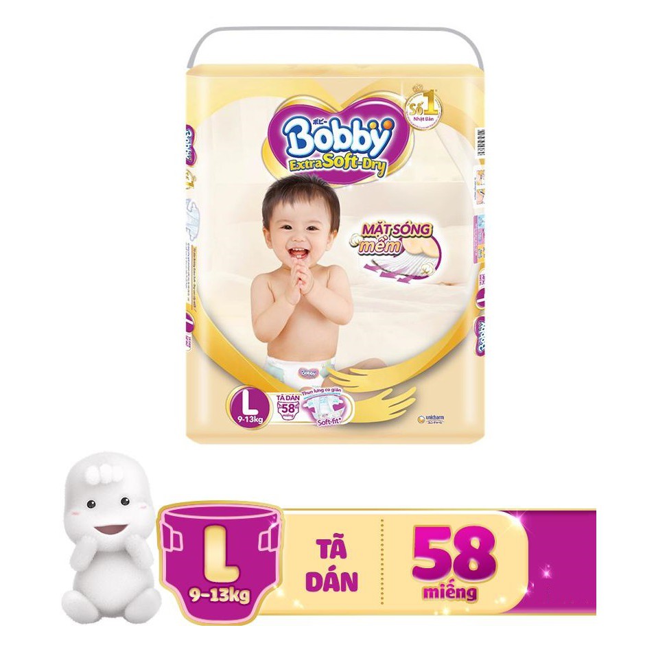 Tã Dán Siêu Mềm Bobby Extra Soft Dry S74/M64/L58/XL52