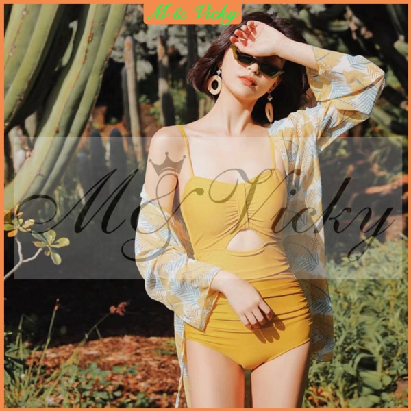 Two Pieces Sets Swimsuit Women Sweet Ins Small Chest Gather Thin Sexy Sun Protection Cover Up with Bikini Swimwear