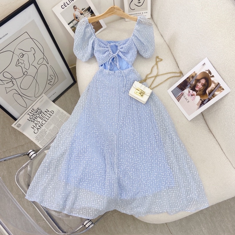 ĐẦM MIDI BI NỔI REN CUT OUT RÚT DÂY KHOEN LƯNG XANH - HỒNG