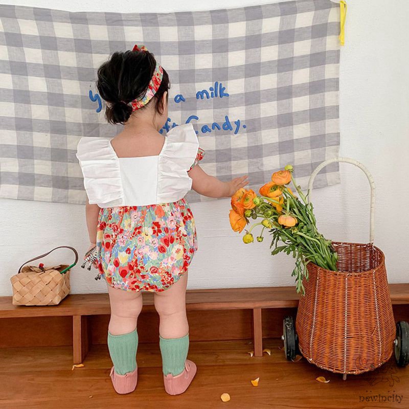 Bộ Áo Liền Quần Tay Ngắn Cổ Búp Bê Phối Bèo In Hoa Dễ Thương Phong Cách Hàn Quốc Cho Bé Gái