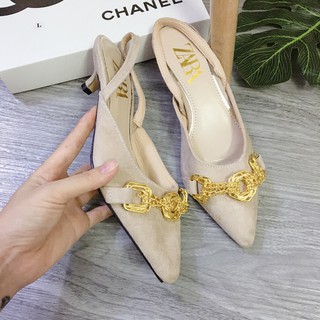 Giày cao gót nữ 2p mũi nhọn quai mảnh khuy mặt cao cấp