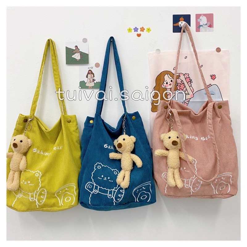 ẢNH THẬT Túi tote túi vải nhung kèm móc khoá gấu teddy 3 màu đáng yêu