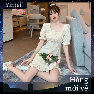 Women's skirt Korean Fashion Short Sleeve Pleated Square Neck Skirt