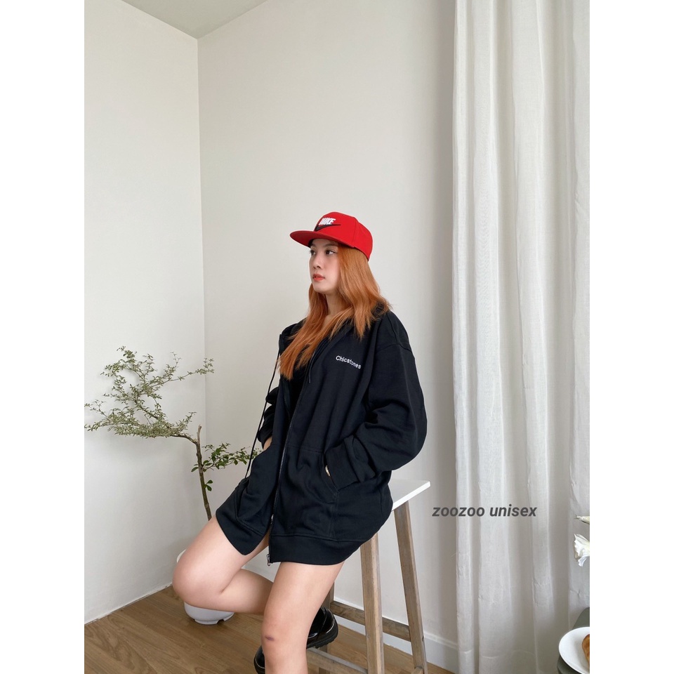Áo khoác hoodie nỉ bông dây kéo thêu chữ CHIC form rộng nam nữ unisex 1HIT