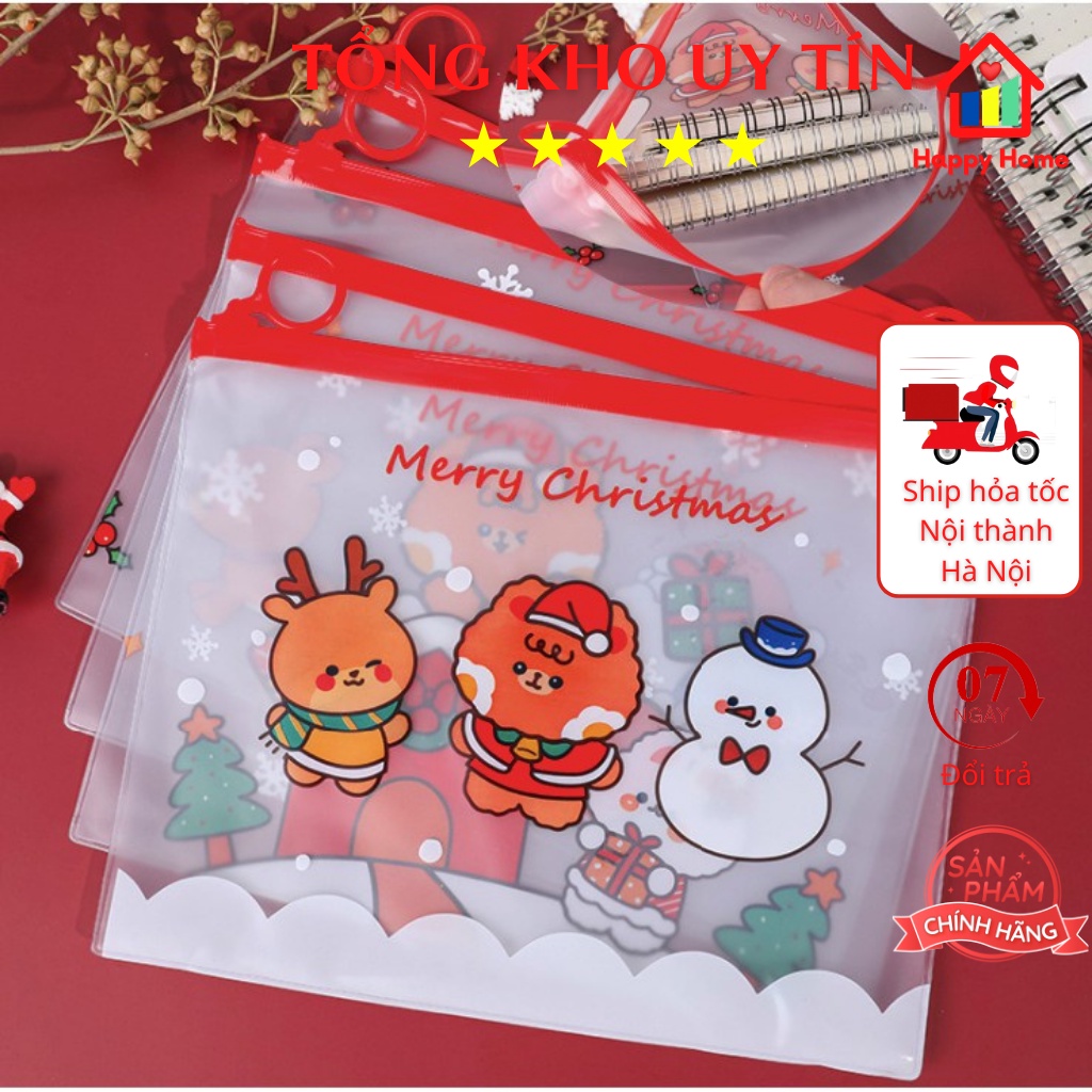 Túi zip họa tiết noel, cây giáng sinh trong suốt đựng bút, tẩy, đồ dùng học tập đa năng Happy Home