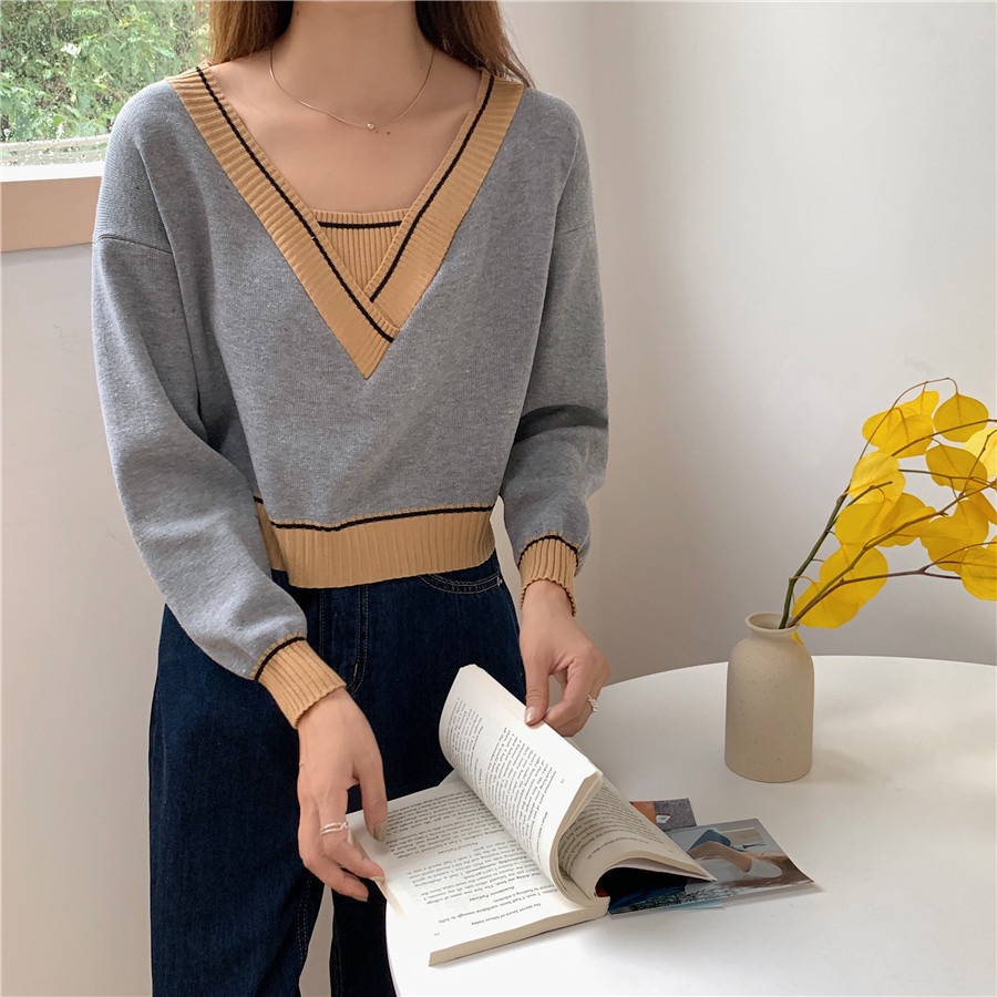 SUXI Áo sweater cổ chữ V thiết kế mới thời trang mùa thu theo phong cách hàn quốc cho nữ