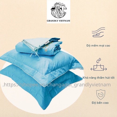Bộ ga gối (3 món) cao cấp Grandly Vietnam chính hãng vải màu chần bông 4 mùa siêu mềm mại, thoáng mát