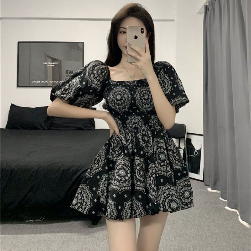 Đầm Dáng Chữ A Cổ Vuông Tay Phồng Ôm Eo Thời Trang Mùa Hè 2022 Phong Cách Pháp Cổ Điển Mới Cho Nữ