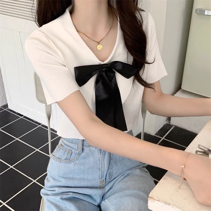 áo len dệt kim mix nơ ruy băng (58048#)