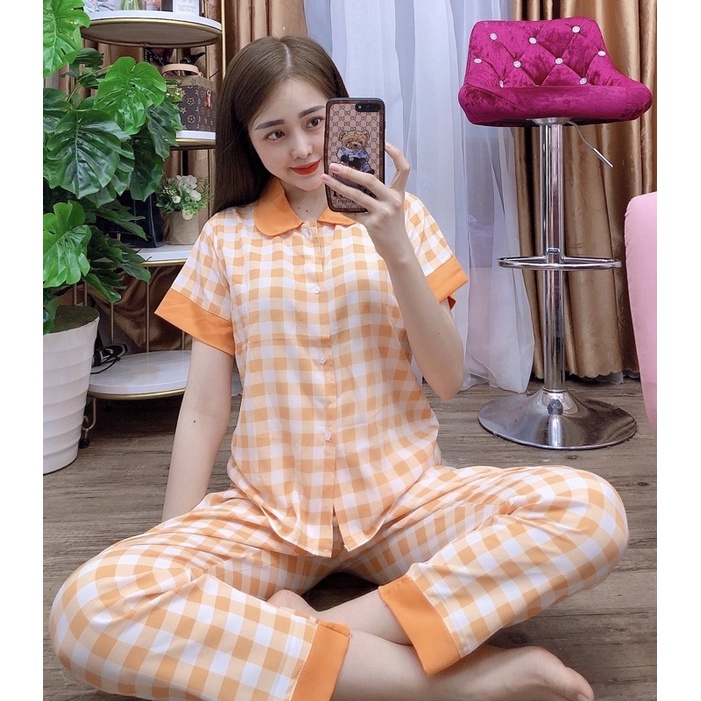 Bộ pijama satin phối cộc dài hình thật