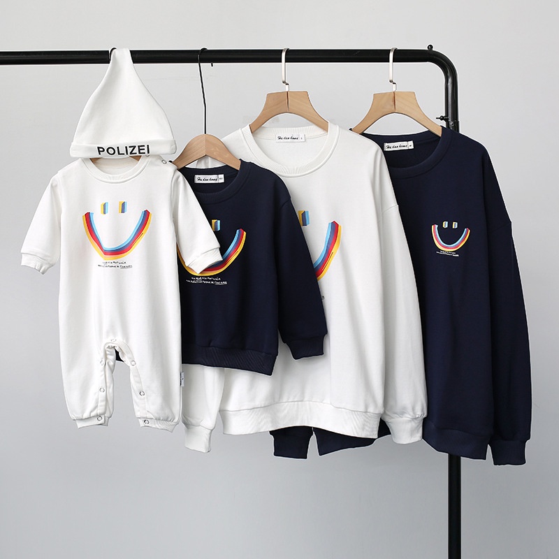 Áo Sweater Gia Đình Familylove - Mẫu Áo Sweater Gia Đình Họa Tiết Mặt Cười Polizie Chất Nỉ Da Cá Cotton 100%