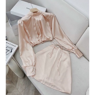 Set croptop lụa cổ cao nhún tay dài bo eo + Chân váy lụa