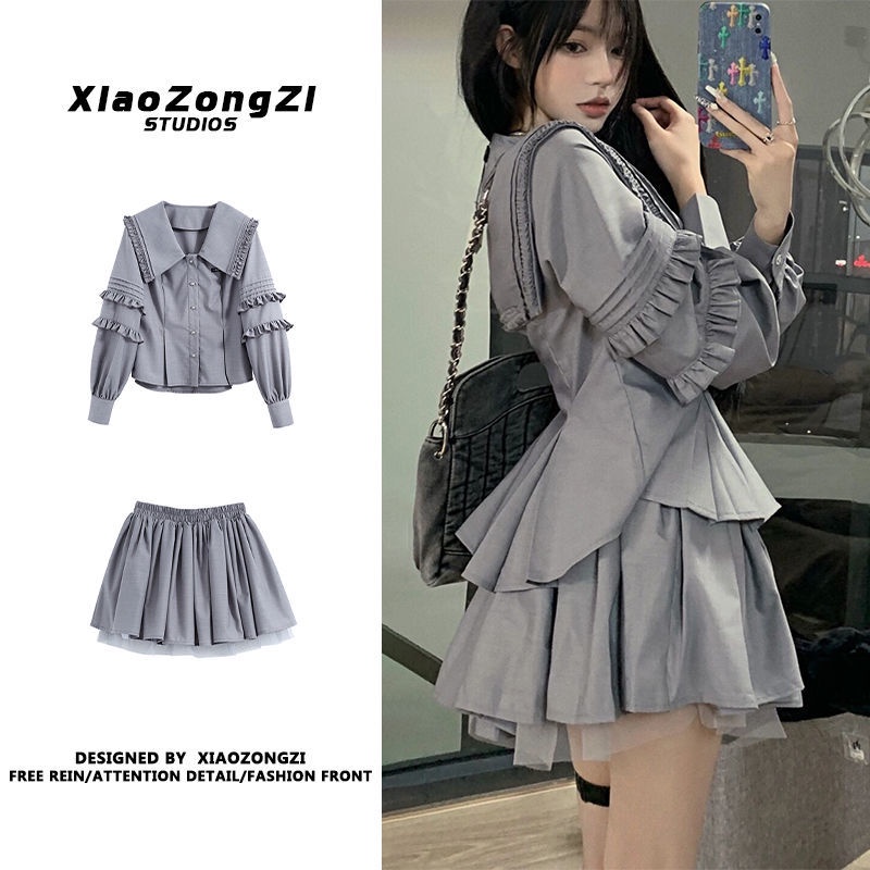 Set đồ 2 mảnh gồm áo sơ mi tay dài phối ren kiểu Tây Âu + chân váy lưng cao xếp ly kiểu mùa xuân cho nữ (có bán lẻ)