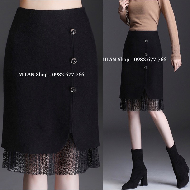Chân váy len phối ren đính khuy hoa trà sang chảnh | BigBuy360 - bigbuy360.vn