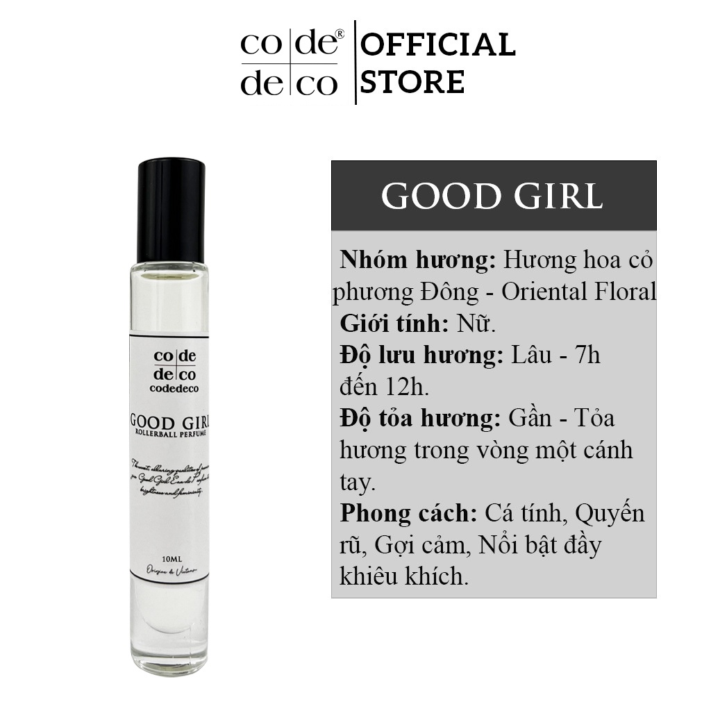 Tinh Dầu Nước Hoa Code Deco Good Girl Cá Tính, Ngọt Ngào, Gợi Cảm 10ml - Chai Dạng Lăn