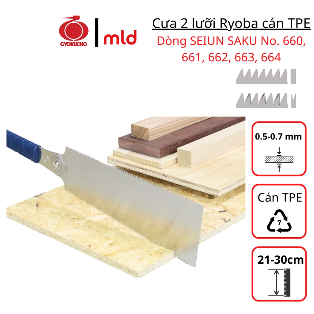 Cưa cầm tay hai lưỡi, hiệu Gyokucho, Cán nhựa xanh TPE, Dòng SEIUN SAKU Mã: RZ660~RZ664 [MADE IN JAPAN]