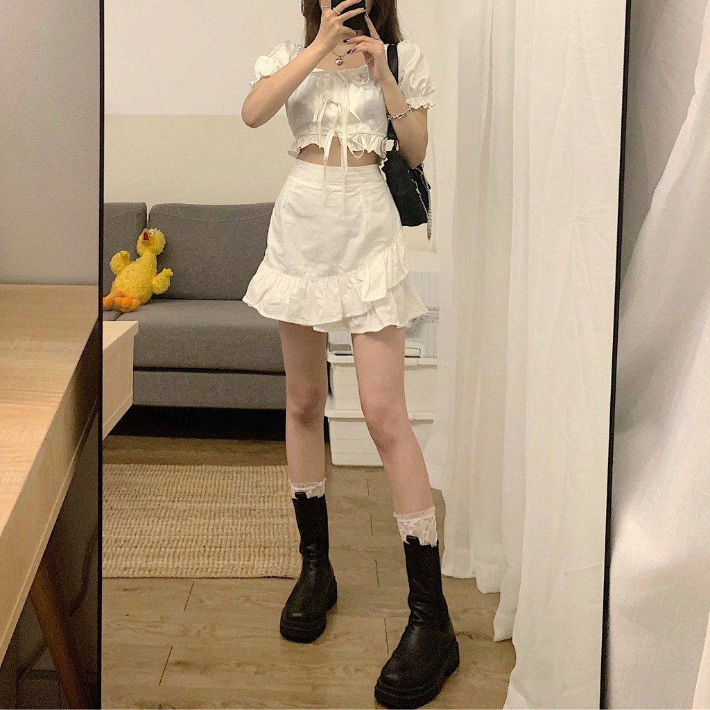 (ORDER) Set áo sơ mi ngắn+ Chân váy xòe tầng đuôi cá màu trắng style Hong Kong retro cá tính