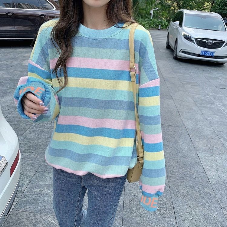 Áo Sweater Tay Dài Dáng Rộng Có Nón Họa Tiết Kẻ Sọc Cầu Vồng Thời Trang Mùa Thu 2022 Mới